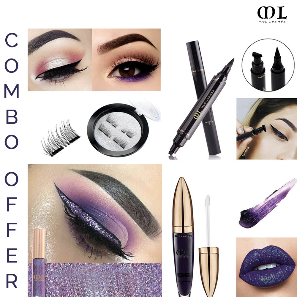 Purple Combo Set of Eyeliner Stamp + Glitter Eyeliner + Magnetic Lashes + Glitter Flip Lipstick