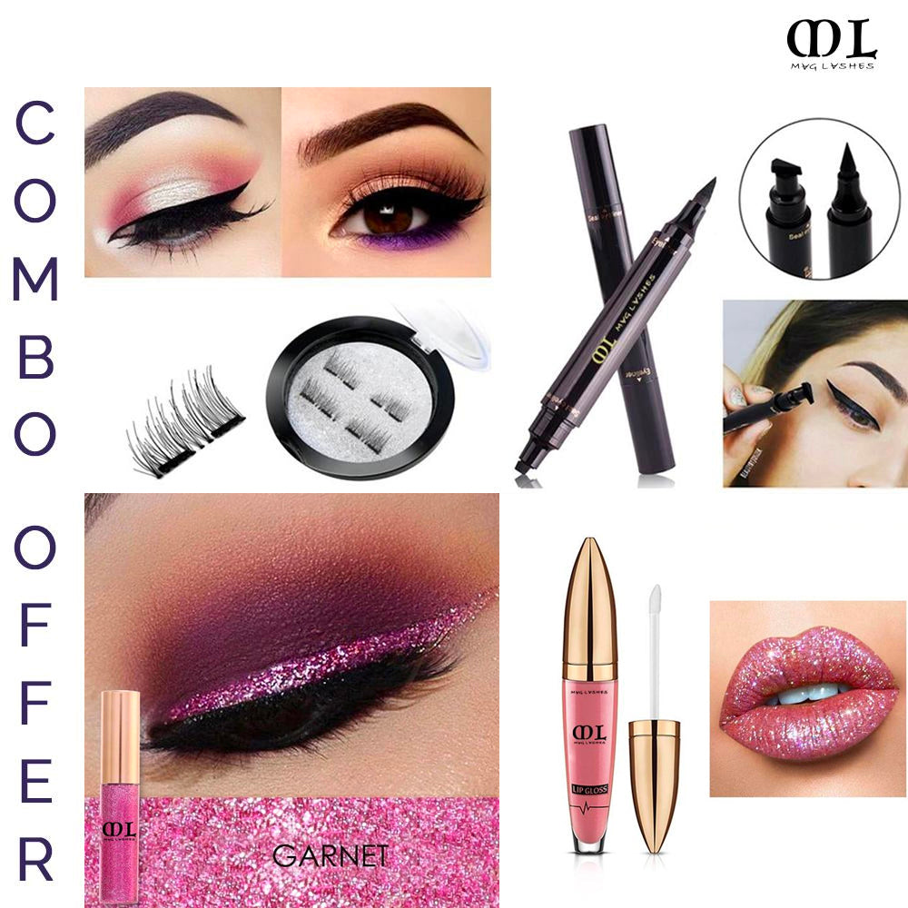 Garnet Pink Combo Set of Eyeliner Stamp + Glitter Eyeliner + Magnetic Lashes + Glitter Flip Lipstick