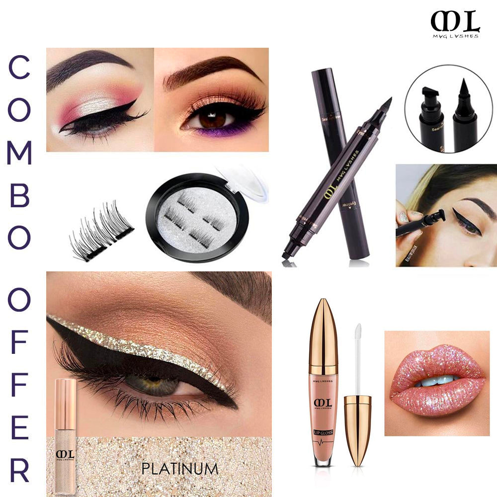 Platinum Combo Set of Eyeliner Stamp + Glitter Eyeliner + Magnetic Lashes + Glitter Flip Lipstick